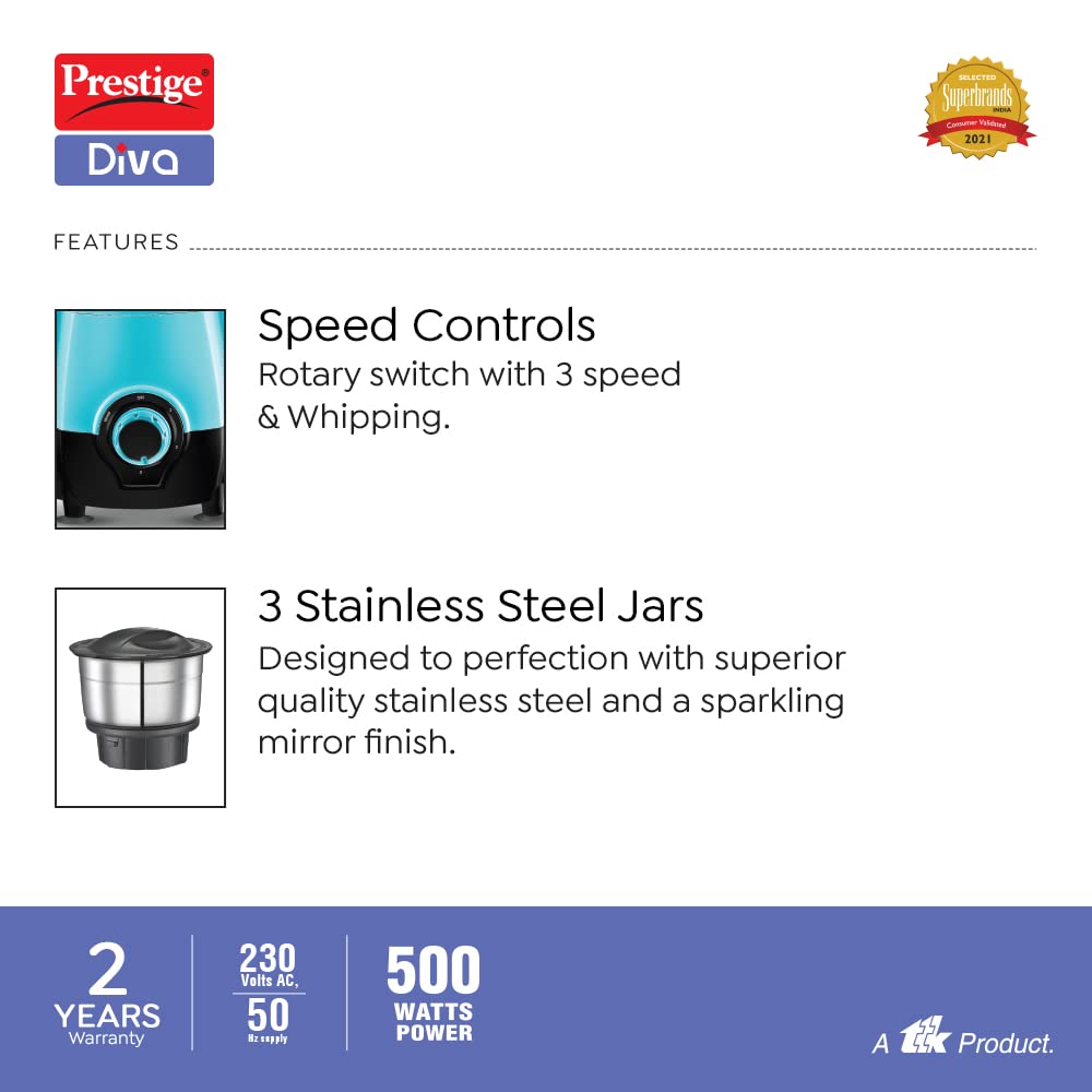 Prestige 500 Watts DIVA Mixer Grinder with 3 stainless Steel Jars